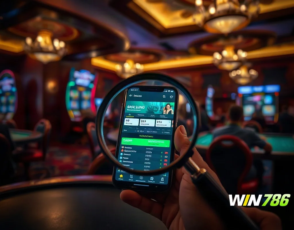 Magnifying glass over a smartphone with a betting app in a dark casino, symbolizing a safety review.