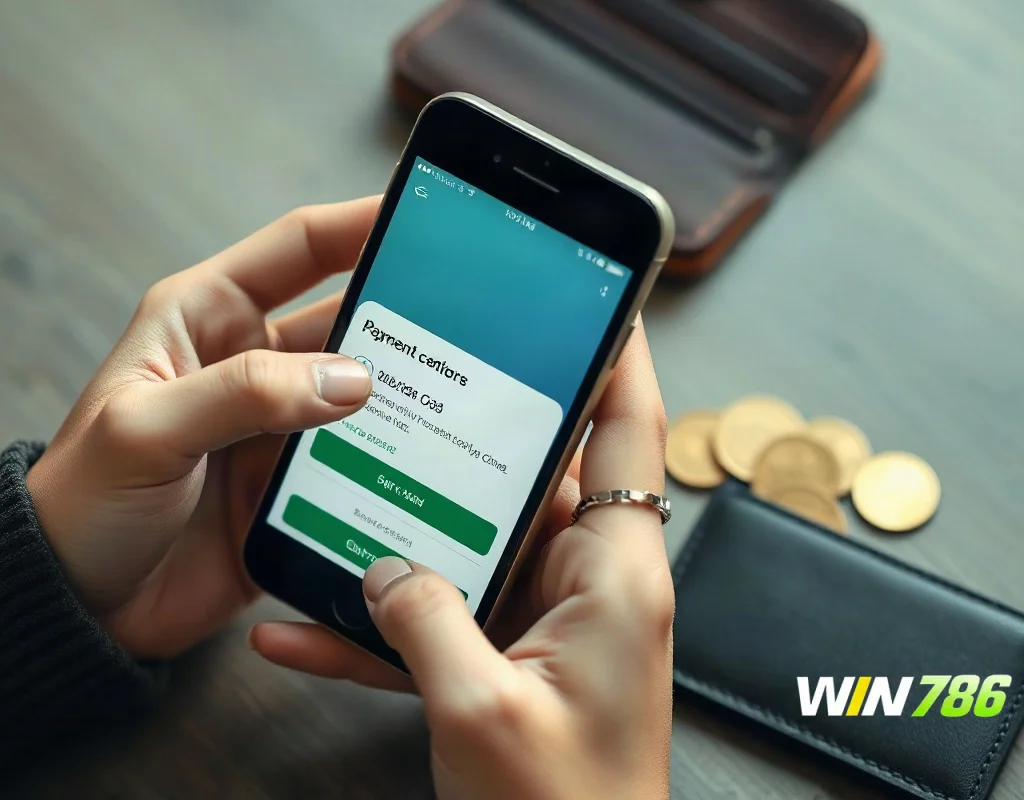 Hands holding a smartphone showing a payment screen, with a wallet and coins nearby.