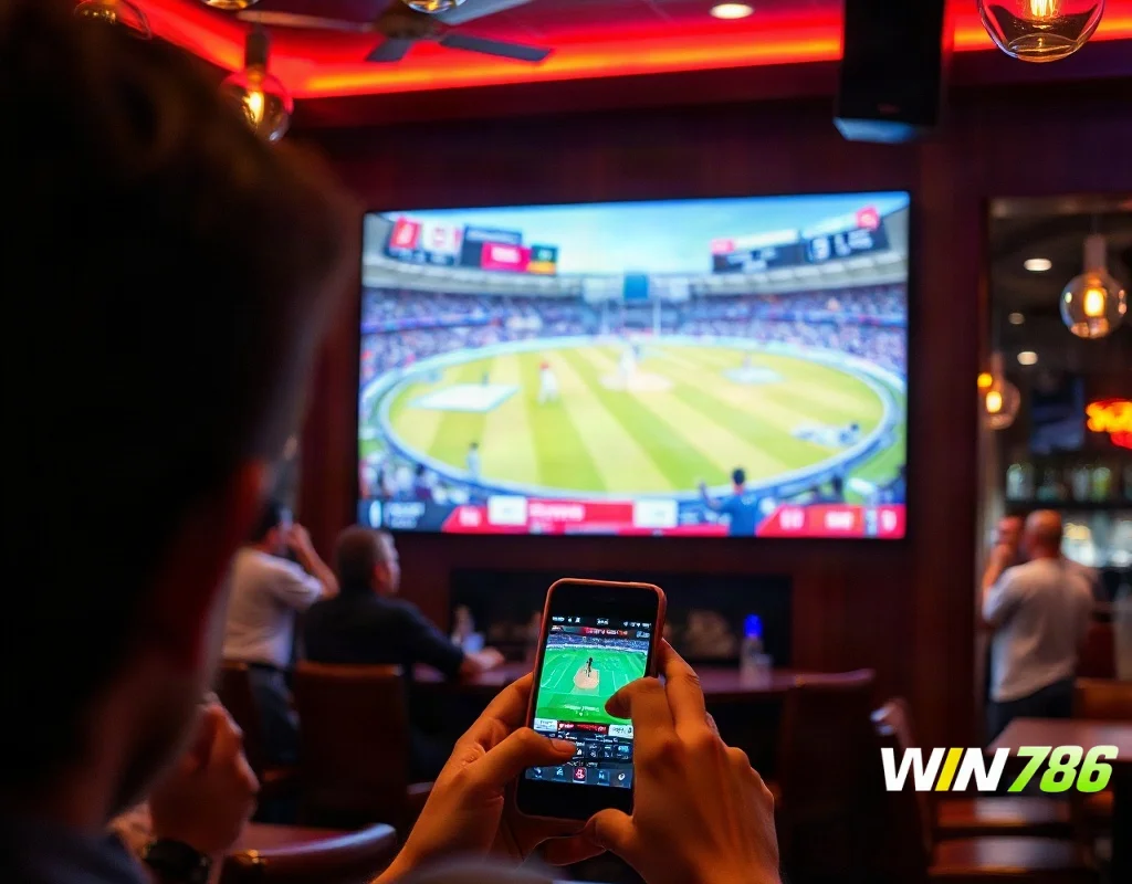 Sports bar with a cricket match on screen and a person betting on a smartphone.