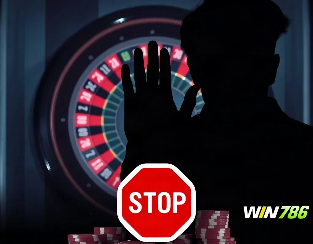 Silhouette of a person facing a roulette wheel and a stop sign, indicating responsible gambling.