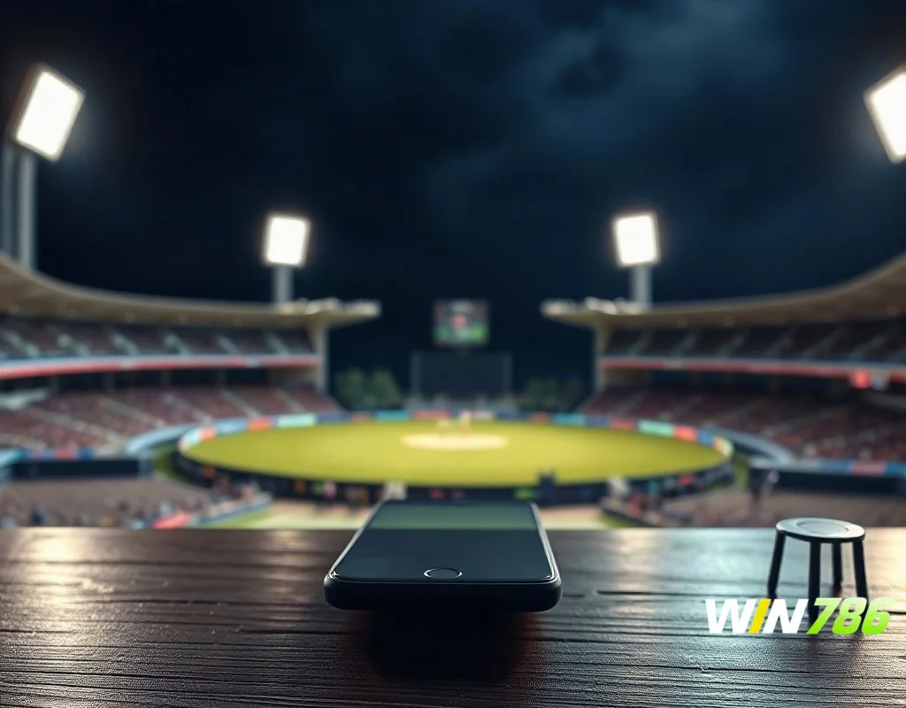 Smartphone with cricket stadium background indicating online betting app review