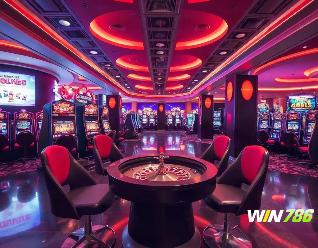 WIN786 casino review – generic casino interior with slots and roulette