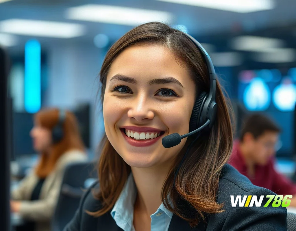 WIN786 customer support agent with headset in modern call center