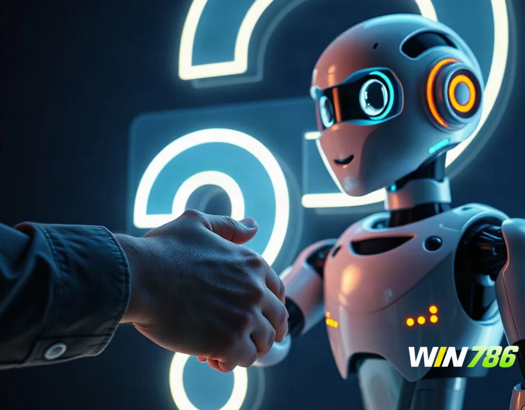 Digital question mark representing help and support, with robot and human interaction
