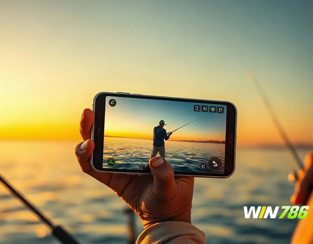 Player holding a smartphone playing a fishing game at sunset