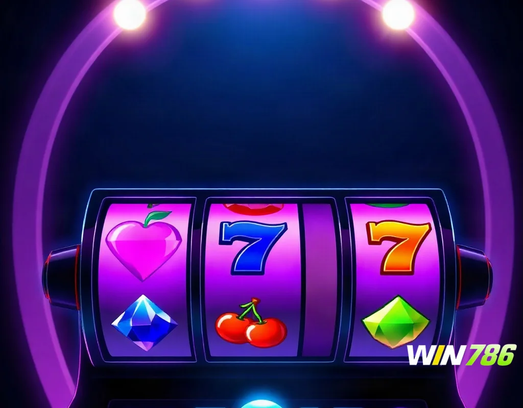 Slot machine reels with fruit symbols and neon lights in a dark background