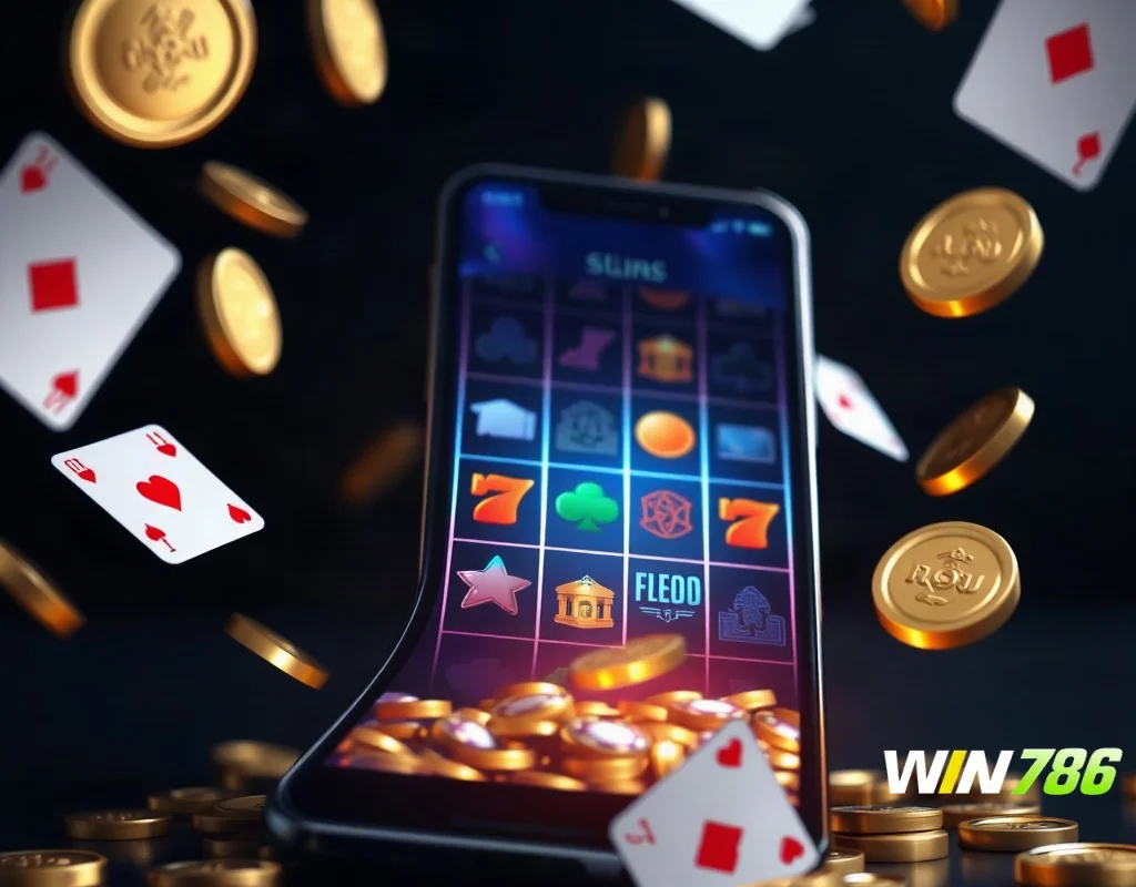A smartphone displaying a slot game with floating coins and playing cards