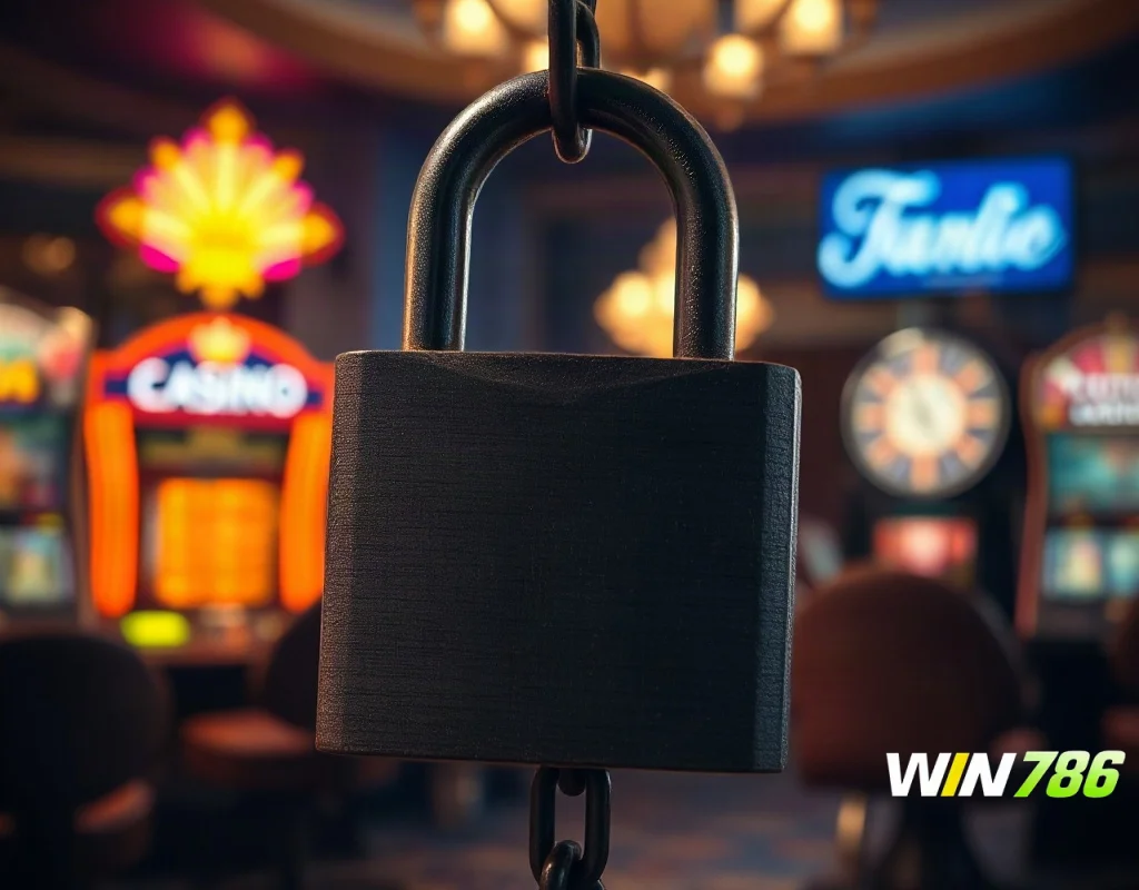 A padlock and chain in front of a blurred casino floor symbolizing security concerns