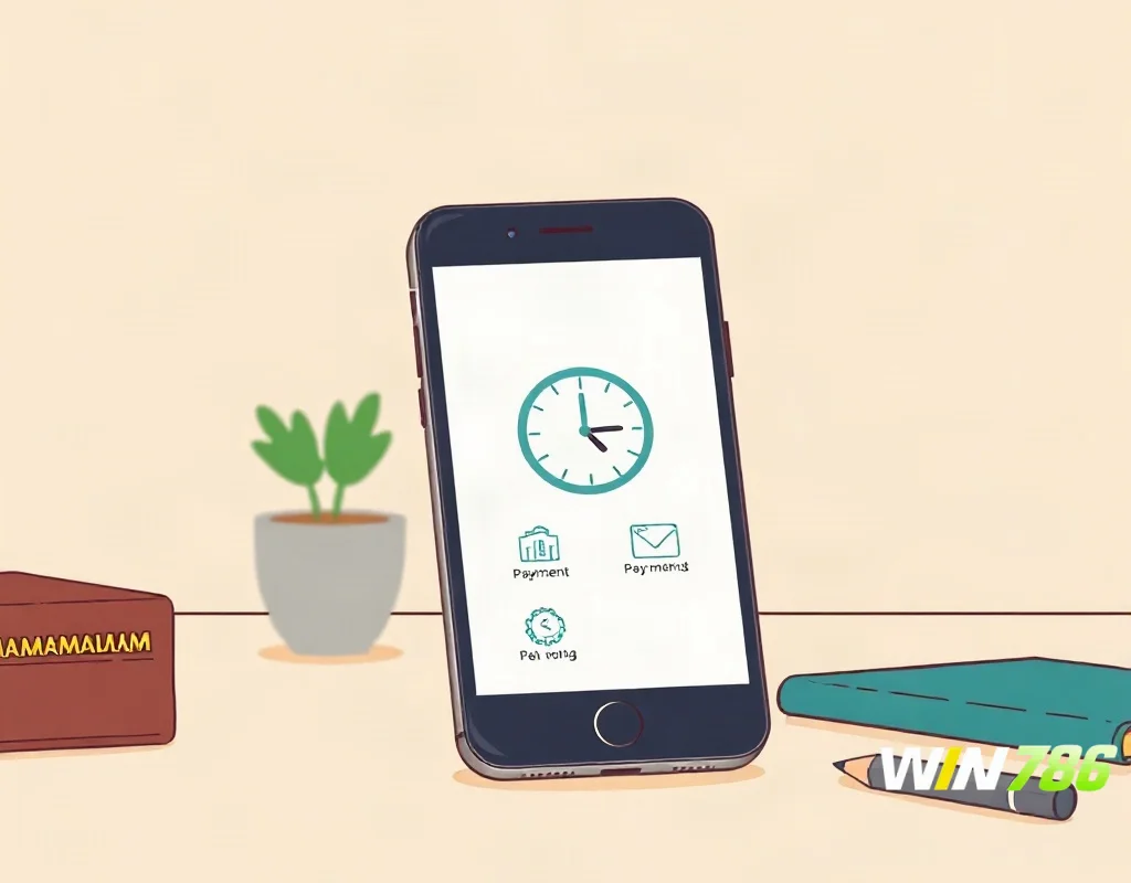 Smartphone with payment wallet icons and clock representing deposit and withdrawal times