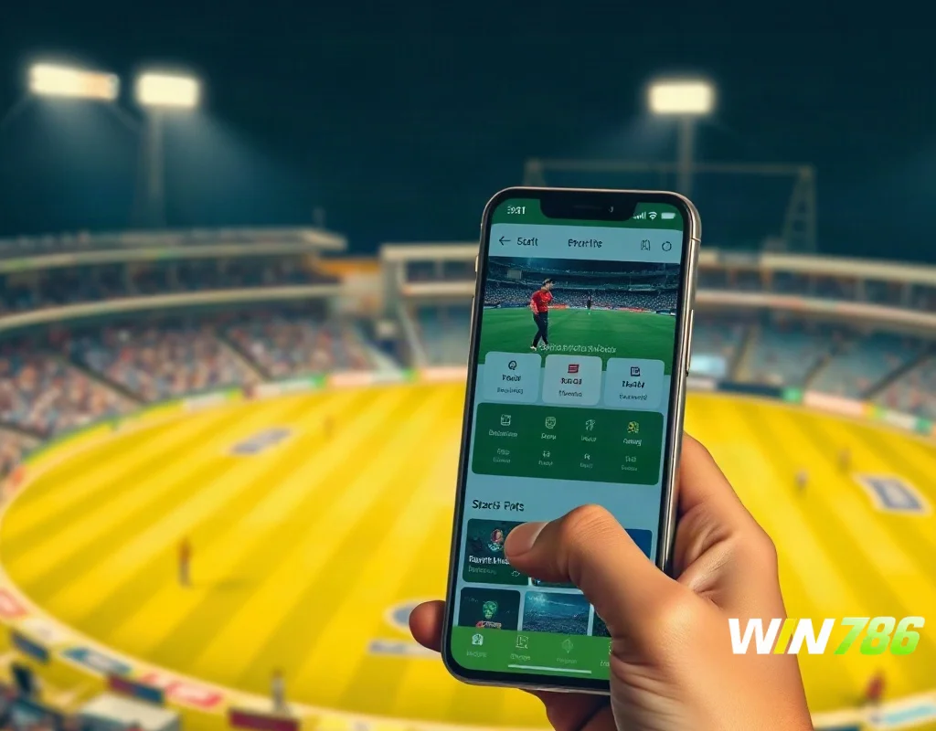 Hand holding smartphone with sports betting app and cricket stadium background