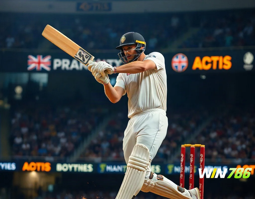 Cricket batsman playing a shot in a stadium under lights