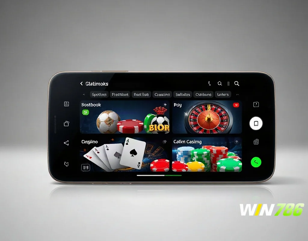 WIN786 app for Android showing sportsbook and casino products