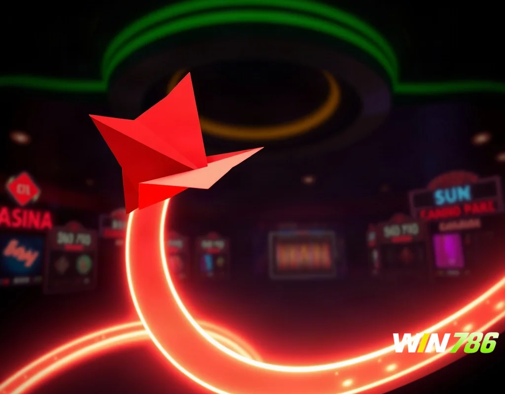 Aviator game multiplier curve with a red plane rising over a dark neon casino background