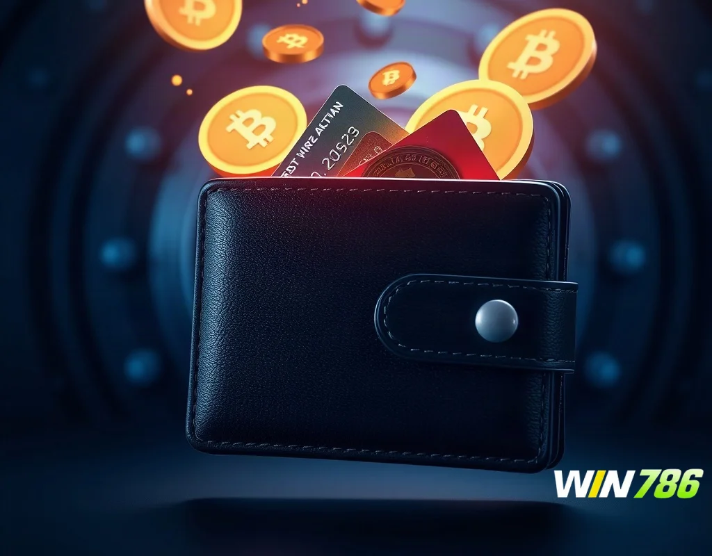 Wallet with payment cards and floating digital coins representing deposits and withdrawals
