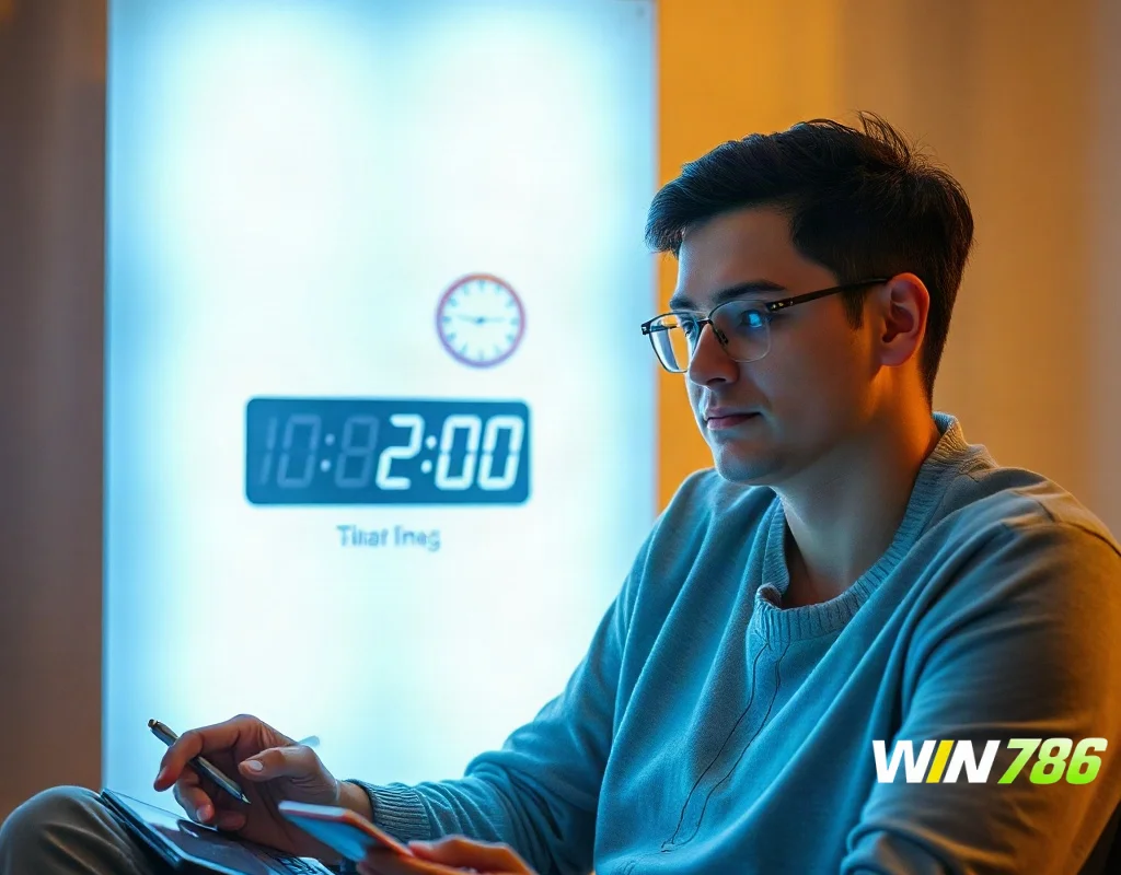 Person setting a budget with a timer and calculator beside a glowing screen, showing responsible gambling