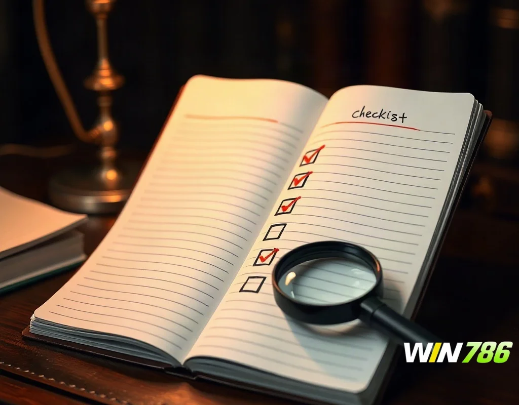 Checklist and magnifying glass on a desk symbolising review questions and final verdict