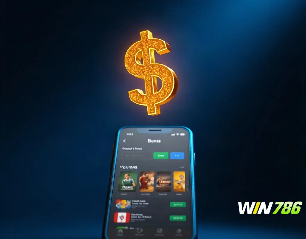 WIN786 first deposit bonus offer displayed on a smartphone screen with golden coins.