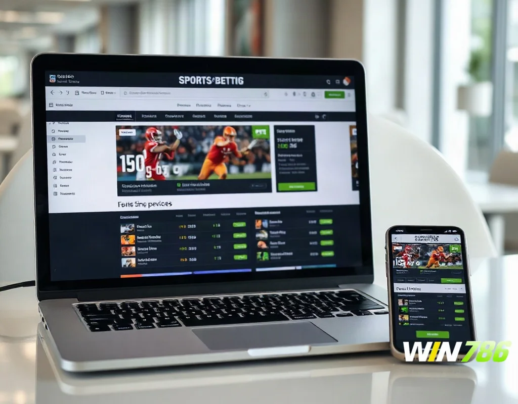 Online betting platform accessed via laptop and smartphone