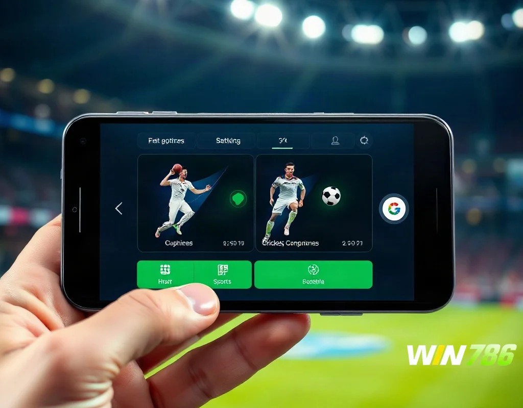 Smartphone showing WIN786 betting app with sports options