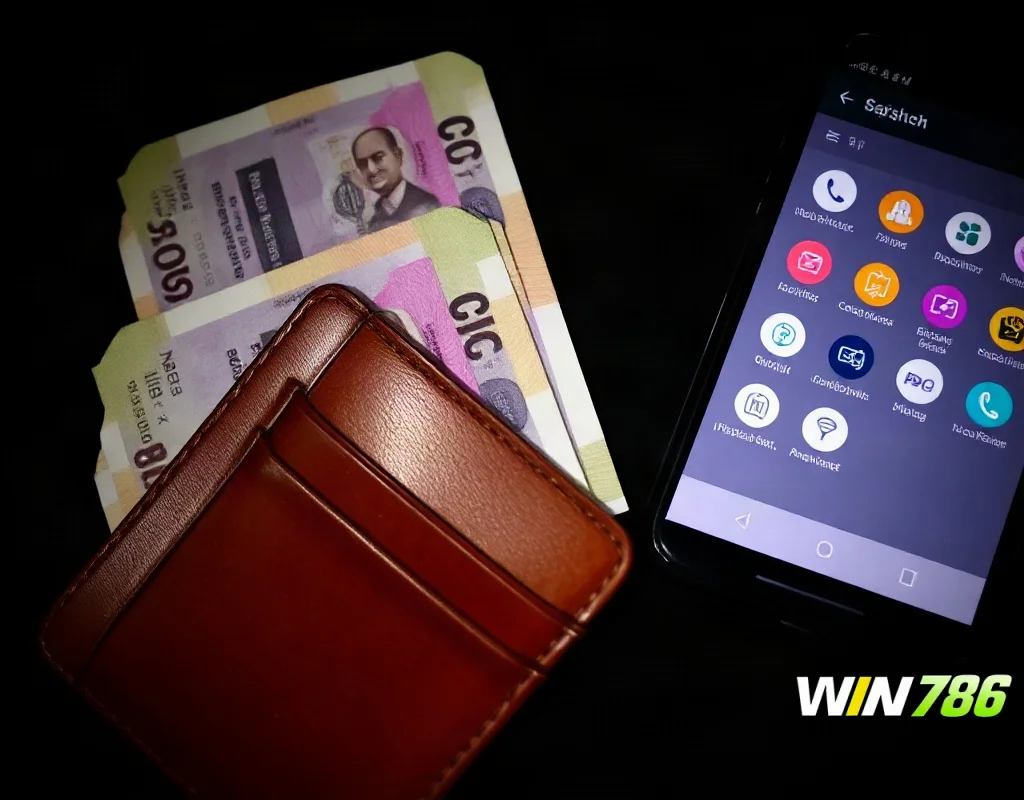 Wallet and smartphone depicting payment methods for WIN786