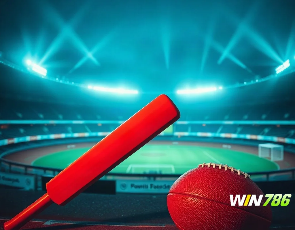 Cricket bat and football with a glowing screen illustrating sportsbook game features