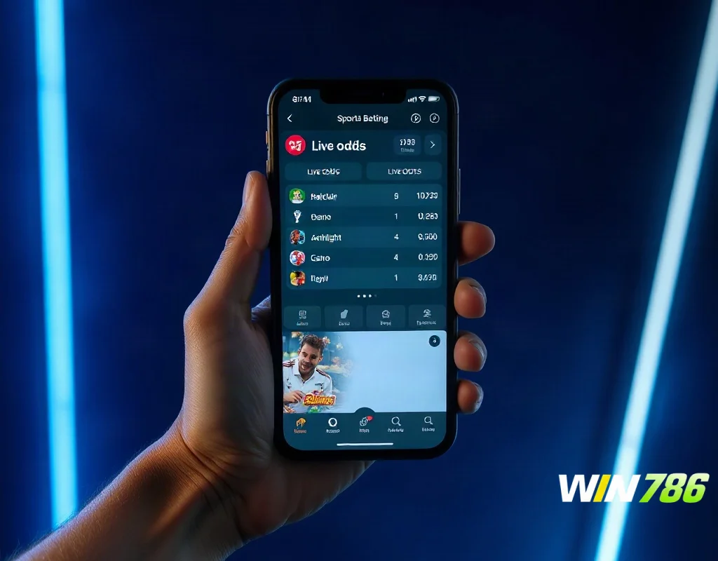 iPhone displaying WIN786 betting app with sports and casino games