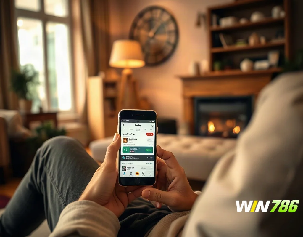 Person using iPhone to access WIN786 betting platform at home