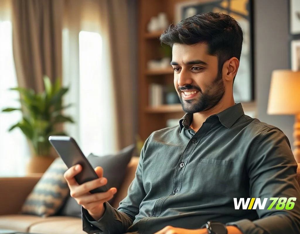 Pakistani man reviewing WIN786 game on smartphone for 2026 review