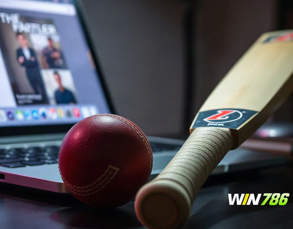 Cricket bat and ball next to a laptop illustrating WIN786 sportsbook products