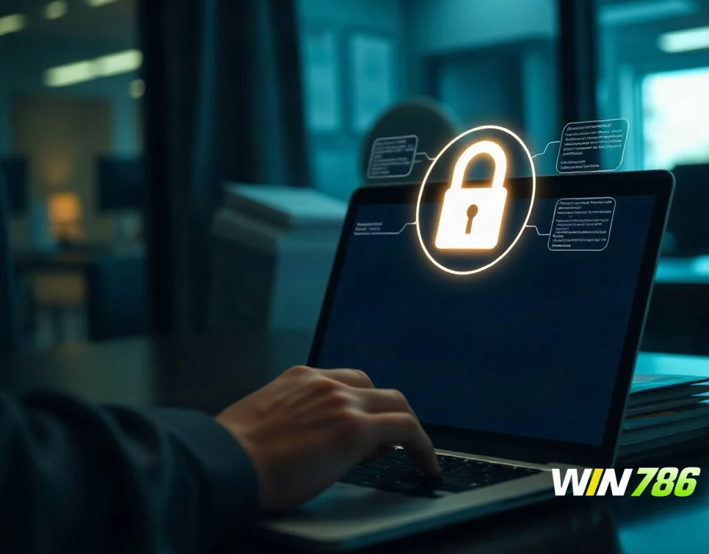 Laptop with security padlock icon representing WIN786 licence and safety checks