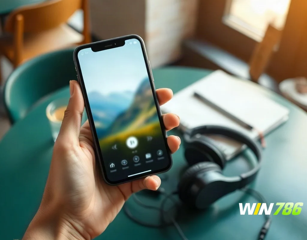 Smartphone and notebook illustrating WIN786 mobile app and customer support