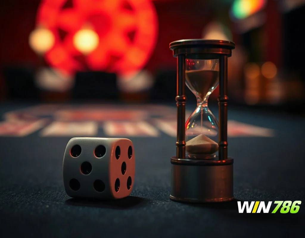Dice and hourglass symbolising responsible gambling limits for WIN786 players