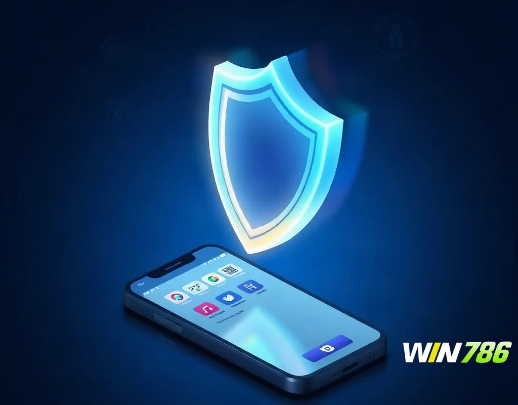 Security shield over mobile payment, representing safe deposit and licensing checks