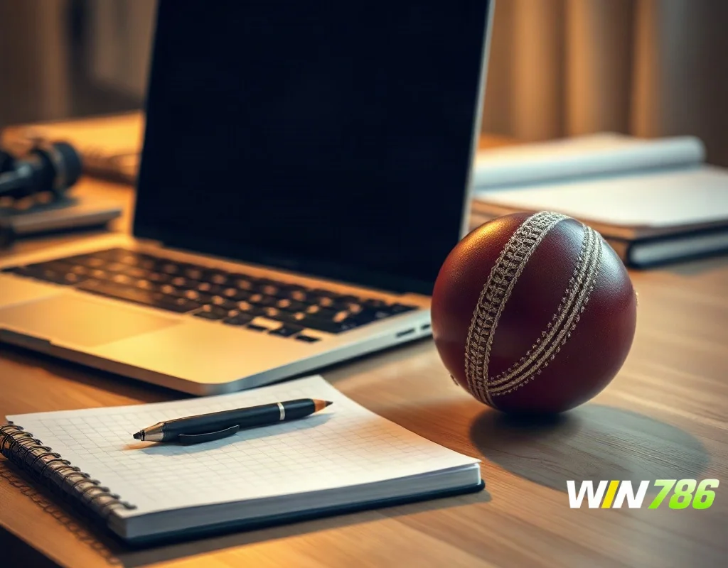 Laptop and cricket ball on a desk representing an online sportsbook and casino platform
