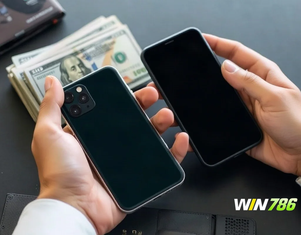 Hand holding a smartphone beside a wallet and card during a mobile money withdrawal
