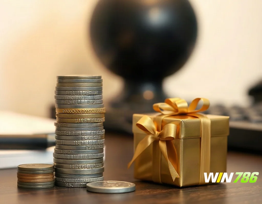 Coins and a small gift box representing deposit bonuses and wagering conditions