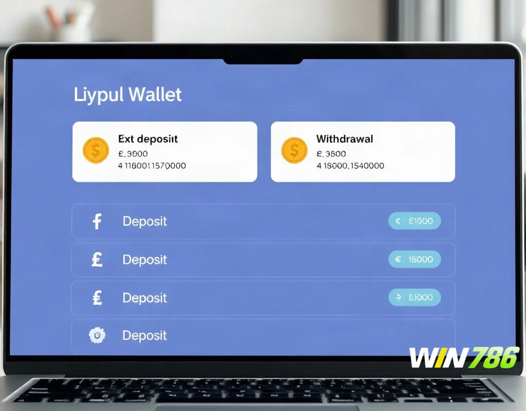 WIN786 deposit and withdrawal fees displayed on a digital wallet interface