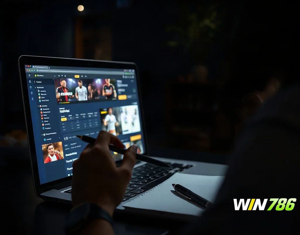 Reviewer analysing WIN786 official website on a laptop screen
