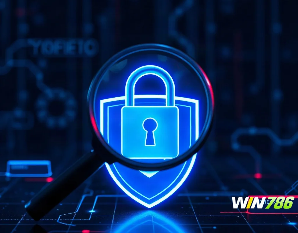 Magnifying glass over a digital padlock and shield symbolising licence and security checks