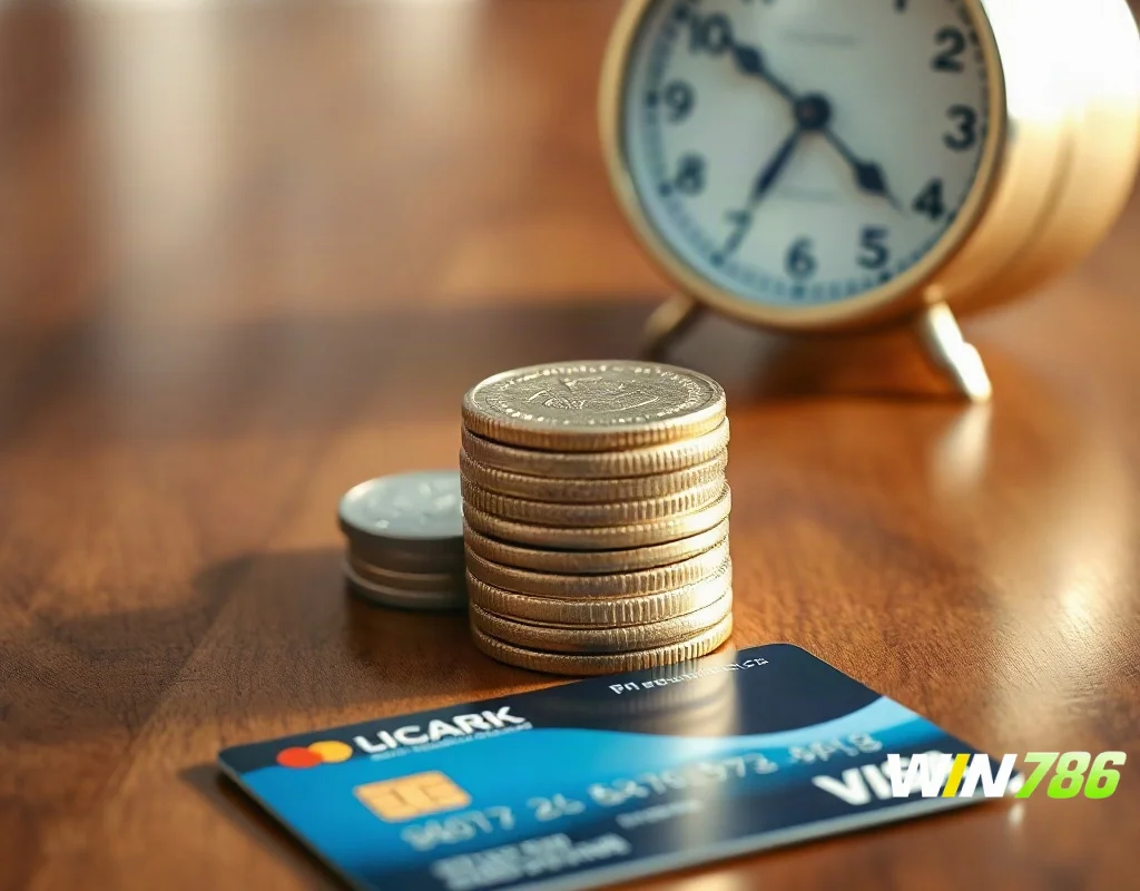 Coins, bank card and clock representing casino deposit and withdrawal processing times