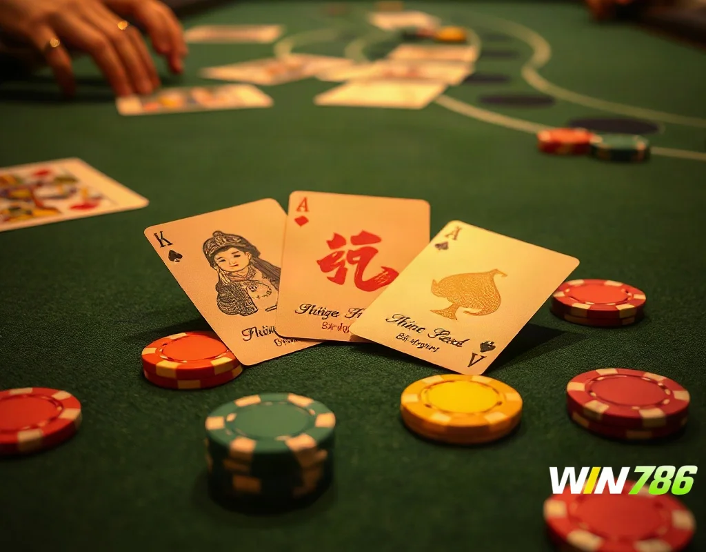 Teen Patti style card game with three cards and betting chips on a green table