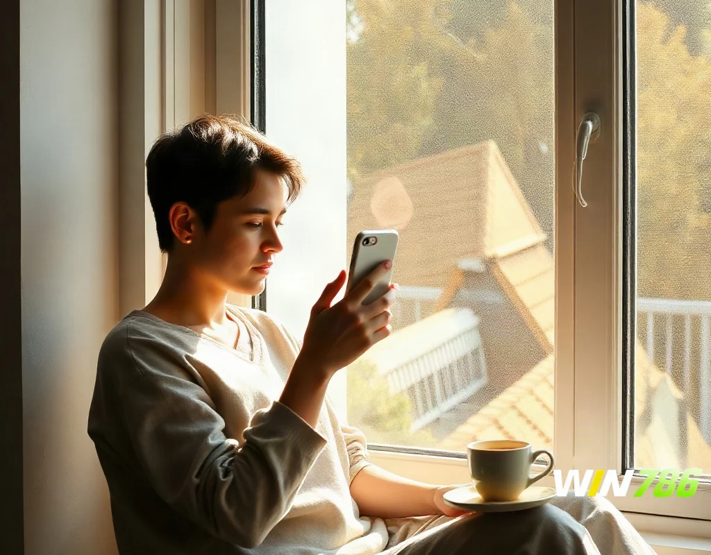Person taking a responsible break from mobile gaming by a window