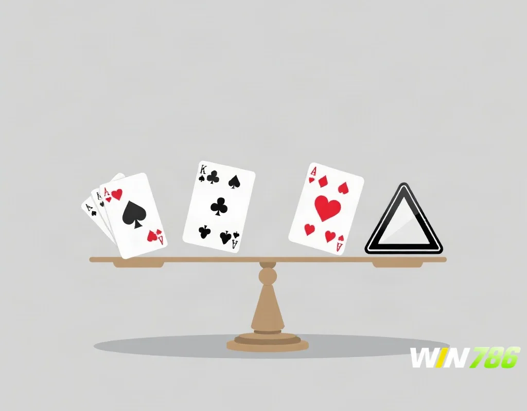 Scale balancing playing cards and a warning symbol representing pros and cons