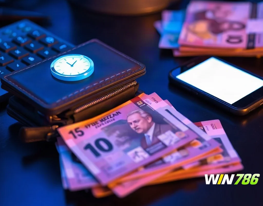 Digital wallet and clock representing WIN786 withdrawal time and payout processing