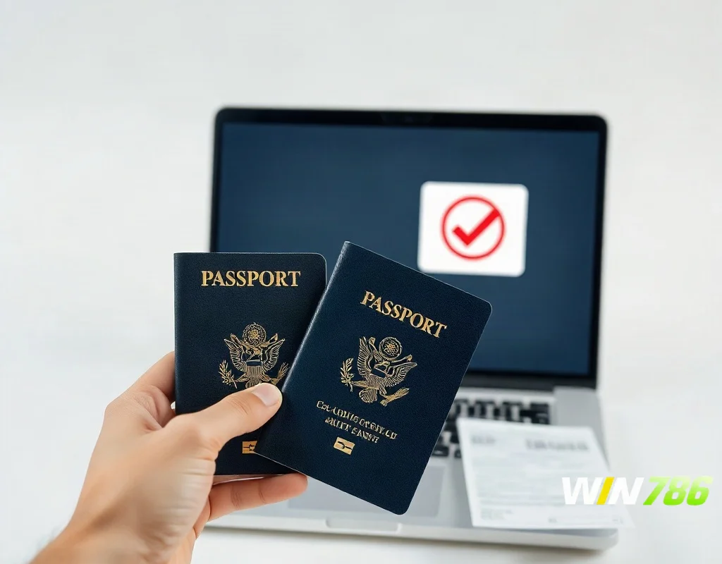 Identity documents and laptop representing KYC verification for WIN786 withdrawals